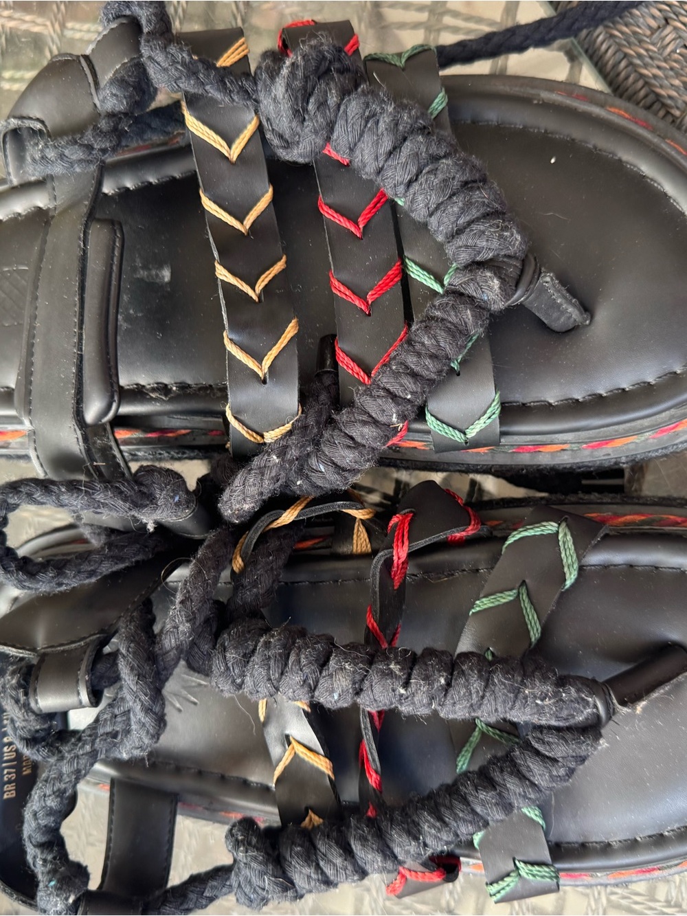 FARM Rio Black Braided Lace-Up Sandals with Red, Green & Gold Stitching